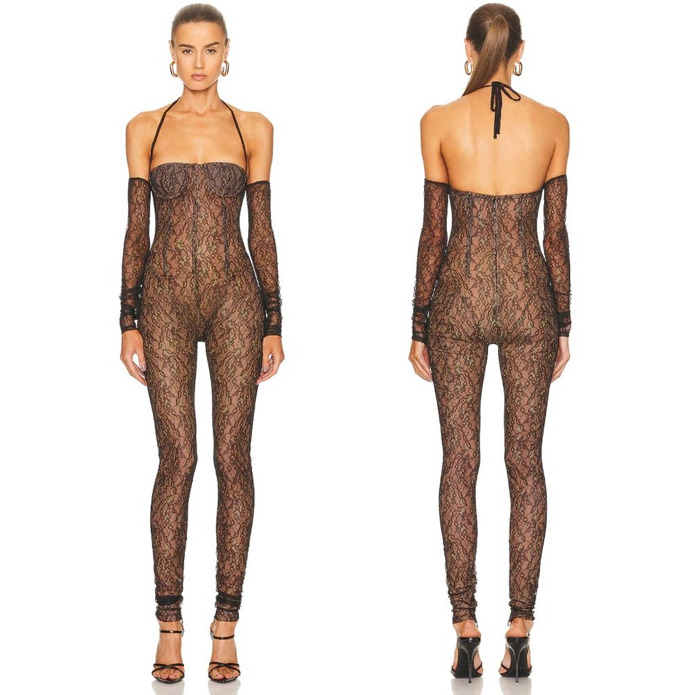 LaQuan Smith Black Lace Sheer Off-Shoulder Halter Jumpsuit
